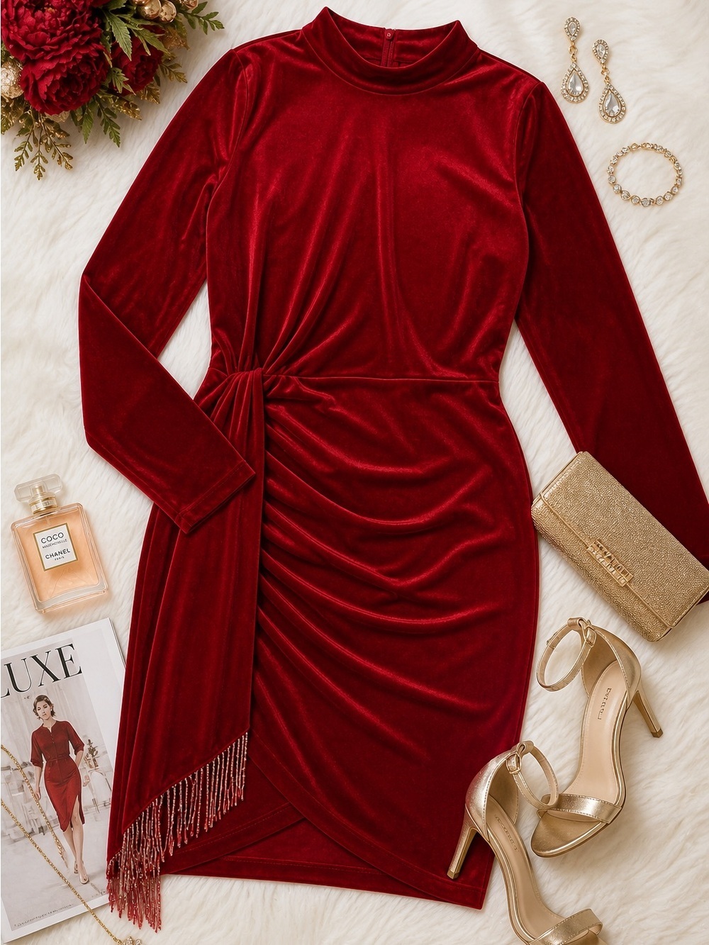 Tahari ASL Plus Size 18W Red Velvet Bodycon Dress NWT Party Cocktail Mock Neck - Picture 2 of 8